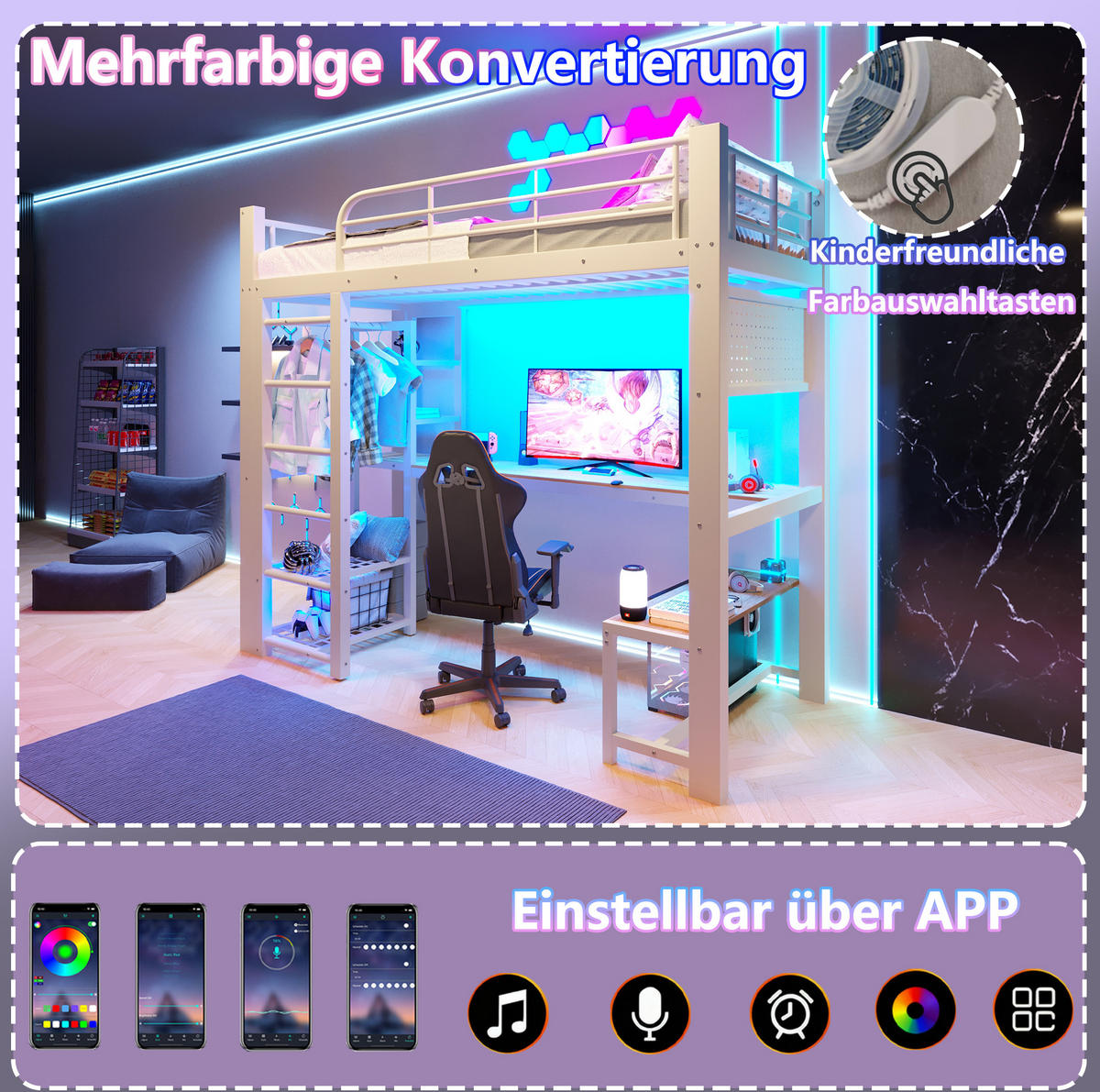 HOCHBETT 90/200 cm aus Metall mit LED-Lichtleiste, Weiß - Weiß, Metall (90/200cm) - OKMYHOME