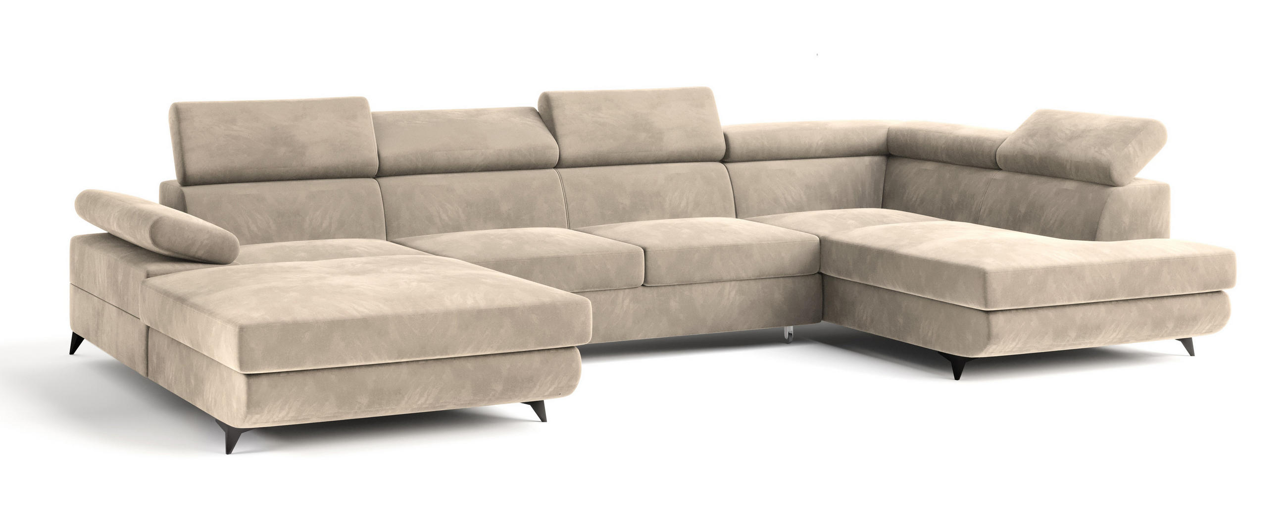 WOHNLANDSCHAFT RUBANO R-S Creme Velours-Stoff mit Schlaffunktion - Creme, Holz (339/89/190cm) - MASSENO