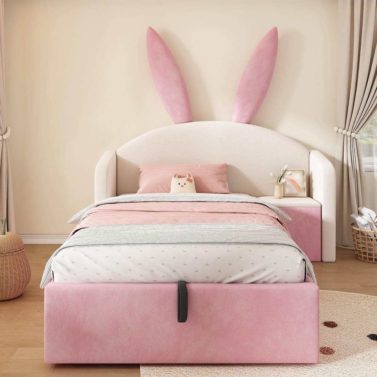 JUGENDBETT 90/200 cm in Beige & Rosa mit Stauraum und Nachttisch Samt Hasenohren-Design - Beige/Rosa, Holzwerkstoff/Textil (90/190cm) - STILVORA