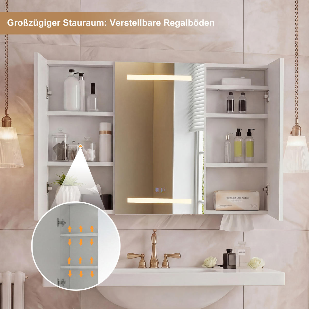 SPIEGELSCHRANK | Steckdose,Papierschlitz,3-LED,Antibeschlag,verstellbar - Silberfarben/Weiß, Glas/Holzwerkstoff (13.5/60/100cm) - SHOPENTRA