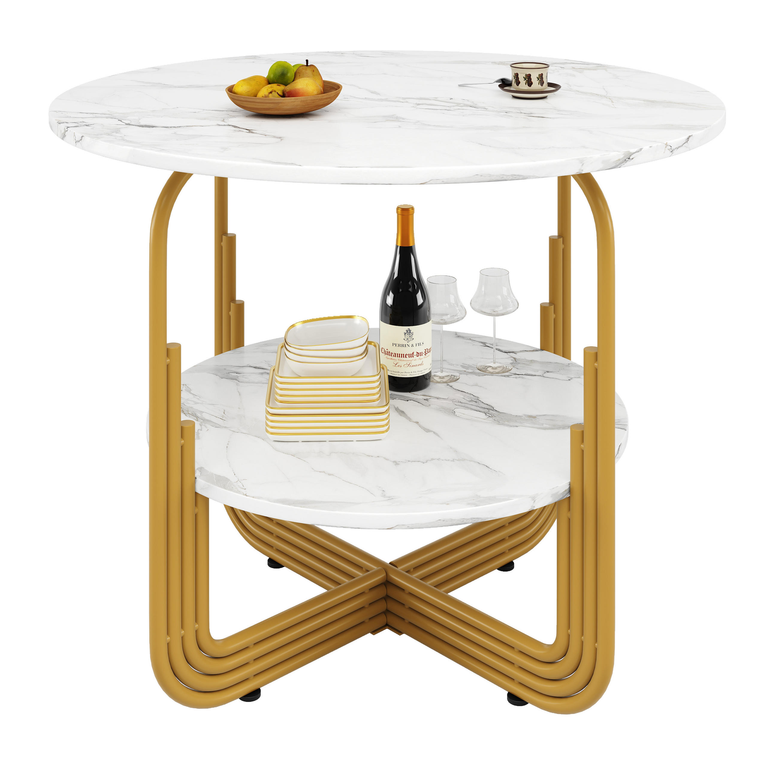 ESSTISCH rund 80/80/76 cm Gold MDF in Marmoroptik mit Ablage - Goldfarben, Holzwerkstoff (80/80/76cm) - OKWISH