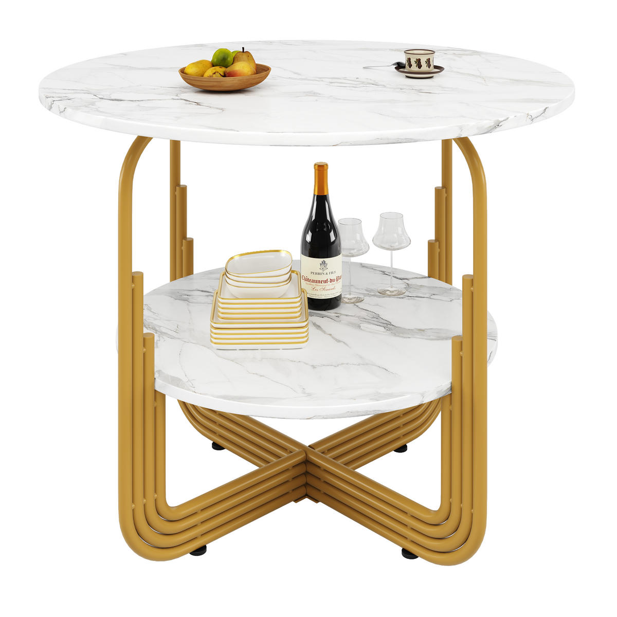 ESSTISCH rund 80/80/76 cm Gold MDF in Marmoroptik mit Ablage - Goldfarben, Holzwerkstoff (80/80/76cm) - OKWISH