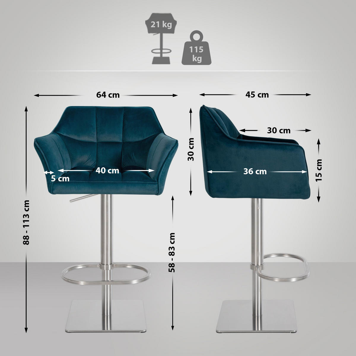 BARHOCKER 2er Set Samt Grün - Edelstahlfarben/Grün, Textil/Metall (64/88/45cm) - CLP