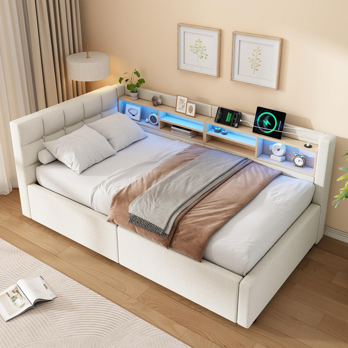 TAGESBETT 90x200cm Schlafsofa Hydraulik LED USB Beige - Beige, Naturmaterialien (90/200cm) - FLIEKS