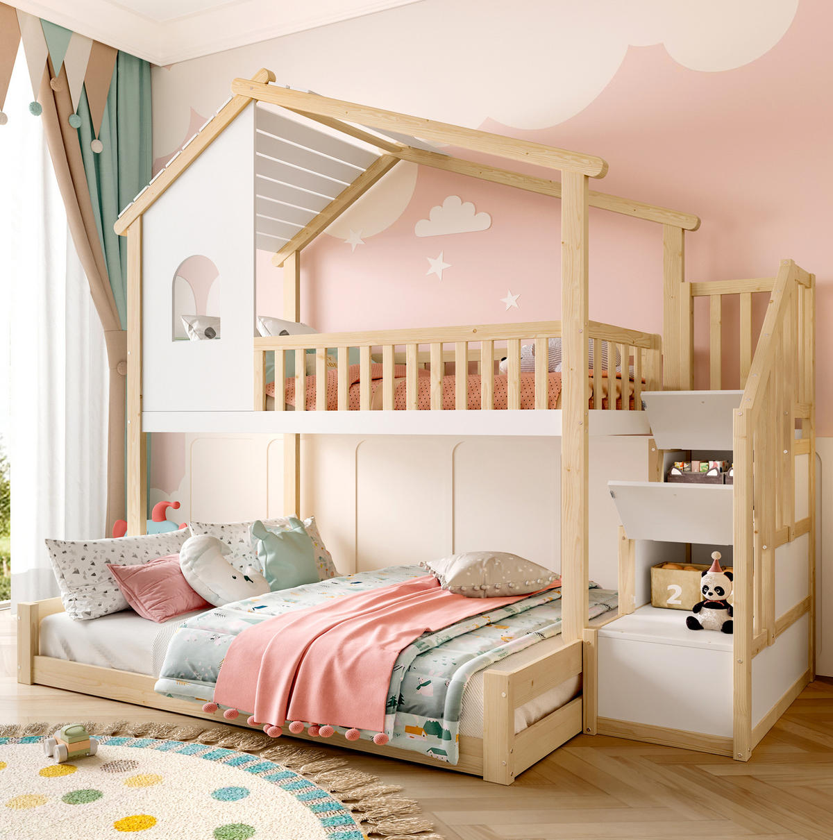 ETAGENBETT 90/200 cm Natur-Weiß aus Kiefer mit Stauraumtreppe Hausoptik - Naturfarben, Holzwerkstoff (90/200cm) - OKWISH