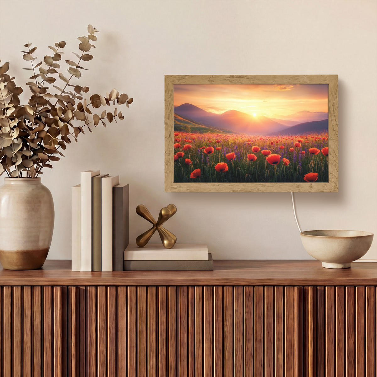 WANDLEUCHTE Landschaft - Sonnenuntergang - Blumenfeld 30x20 cm - Rot, Holzwerkstoff (30/20/8cm) - OnlyWow