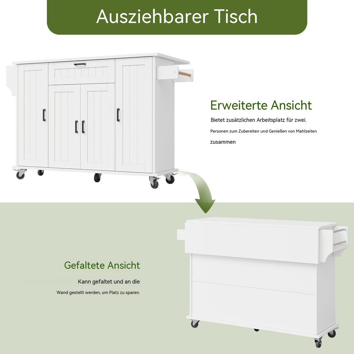 KÜCHENINSEL 120/45(70)/95 cm Weiß mit Klappplatte, 4 Türen, 1 Schublade und Gewürzregalen - Weiß, Holz/Holzwerkstoff (120/95/70cm) - Oxeza