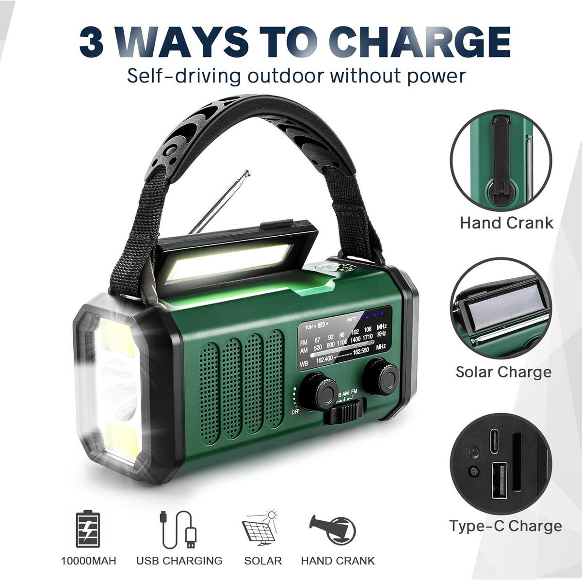 RADIO – FM/AM – 10000 mAh / LED-Taschenlampe / Solarbetrieb – Grün - Grün, Kunststoff (16/6/8.5cm)