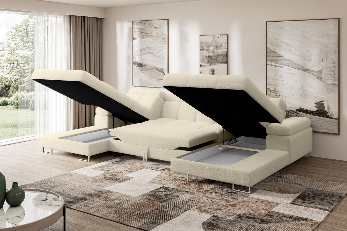 WOHNLANDSCHAFT mit Schlaffunktion und Bettkasten COMA U2 345x203x79 Beige Bouclé - Sandfarben, Holzwerkstoff/Textil (345/79/203cm) - ALTDECOR