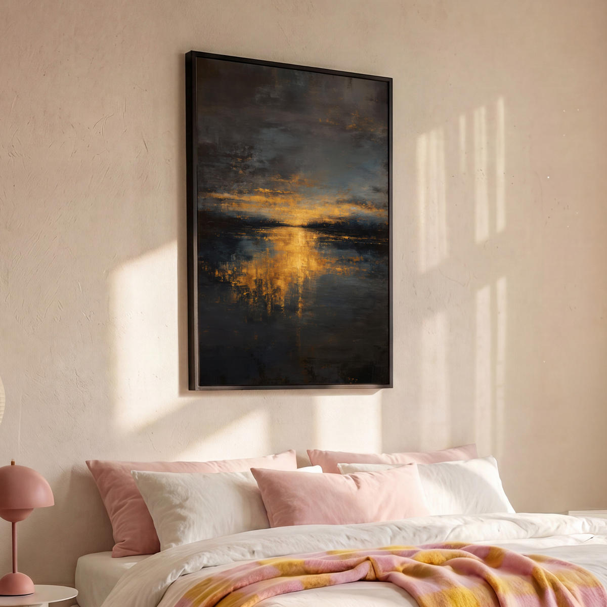 LEINWAND Bilder mit Rahmen - Goldene Reflexion auf dem Wasser - 100x150 - Anthrazit, Textil (100/150cm) - MuchoWow