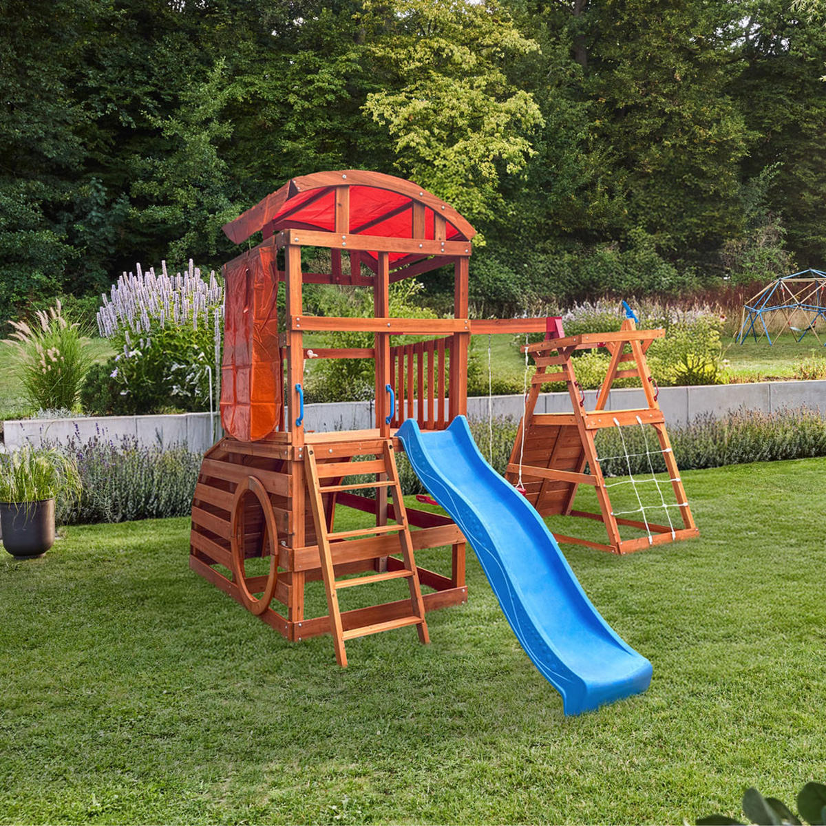 SPIELTURM MIT DOPPELSCHAUKEL NIA - Größe: 420 x 280 cm - Nussbaumfarben, Holz (421/280/449cm) - Home Deluxe