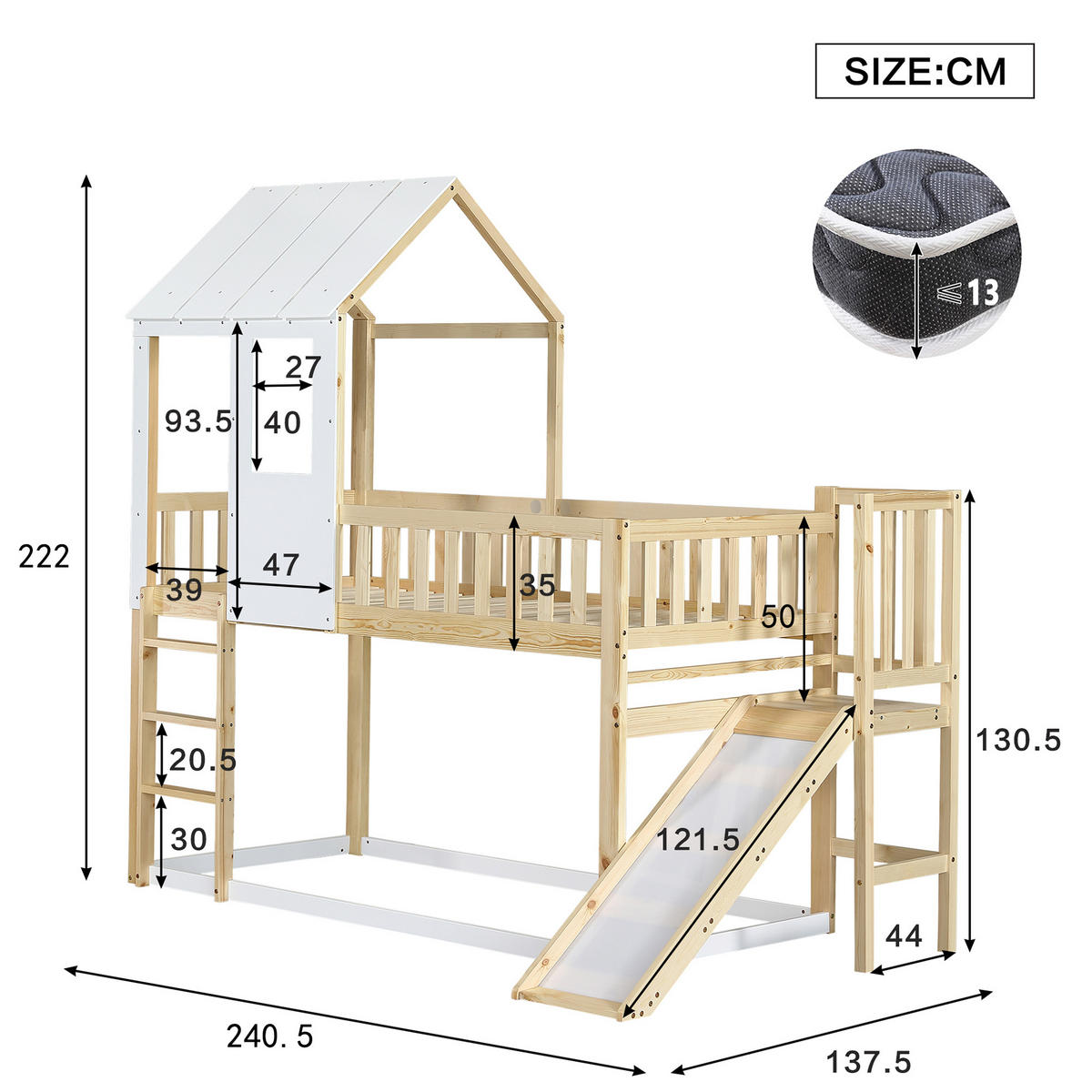 ETAGENBETT 90/200 cm in Natur & Weiß Hausbett mit Rutsche, Dach, Fenster und Leiter - Weiß/Naturfarben, Holzwerkstoff (90/200cm) - STILVORA