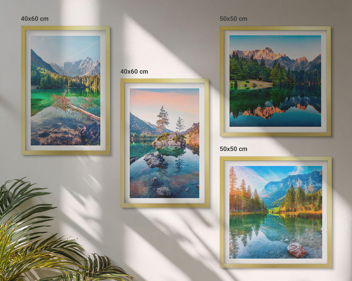 BILDER SET 4er Set - 50x50 cm & 40x60 cm Goldrahmen - Naturlandschaft der Bergseen - Goldfarben, Kunststoff (50/50cm) - TULUP