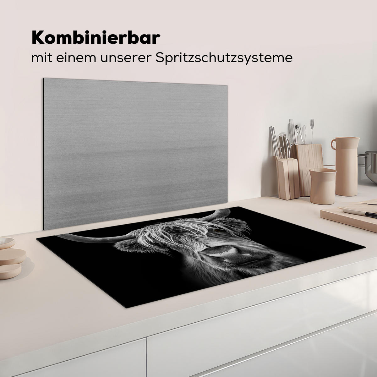 HERDABDECKPLATTE Schottischer Highlander - Hörner - Schwarz - Weiß - Kuh - Wild - Tiere Ceranfeldabdeckung 85x52 cm - Schwarz, Kunststoff (85/52/0.2cm) - MuchoWow