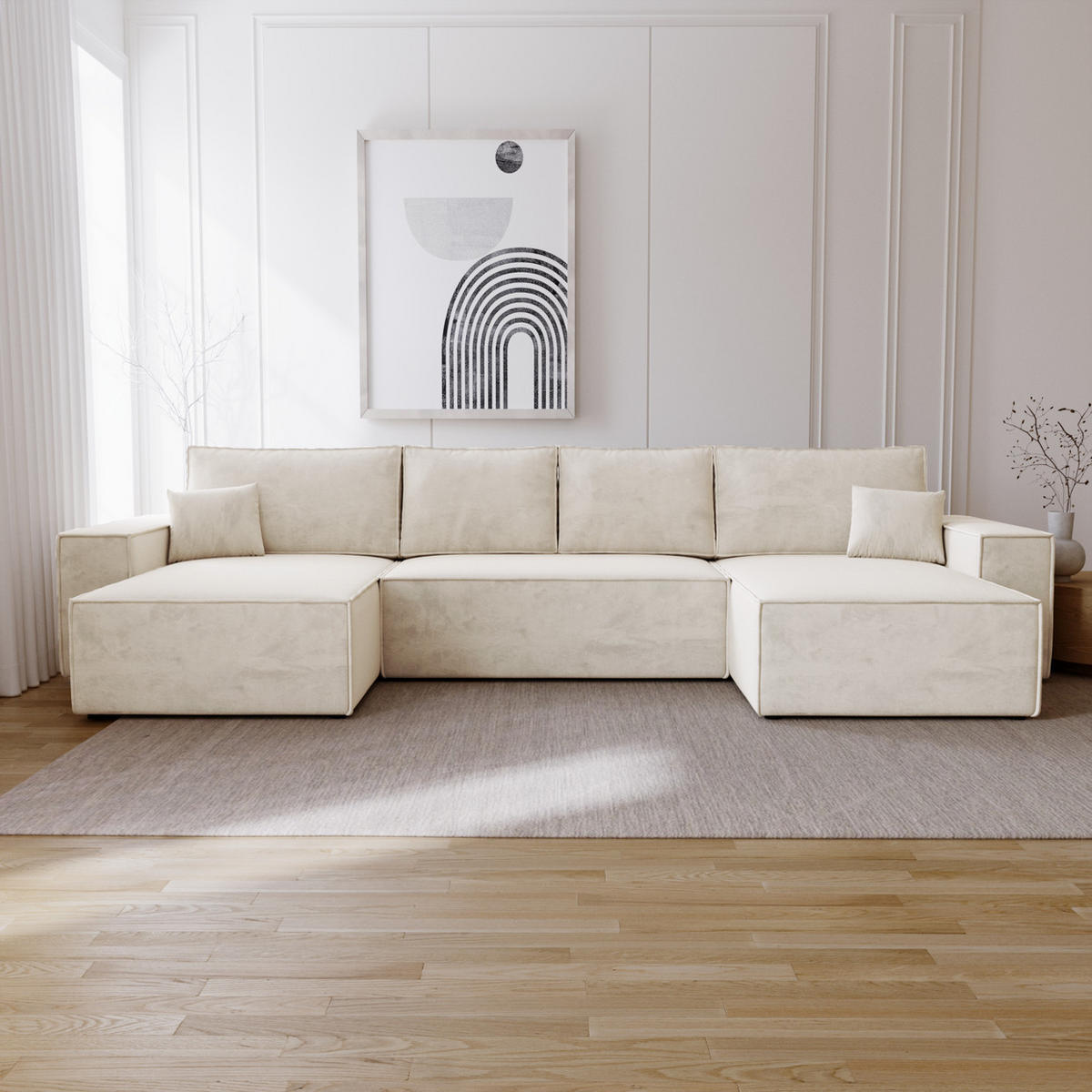 ECKSOFA 380 cm Bergamo U mit Bettkasten, Samt, Vanille - Ecru, Holz (377/189cm) - Emporius