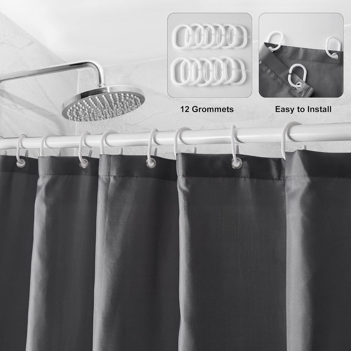 DUSCHVORHANG schnelltrocknend Stoff Polyester wasserdicht maschinenwaschbar Badezimmer halbdurchsichtig mit 12 Clips - Schwarz, Kunststoff (180/200cm) - MCBOSON