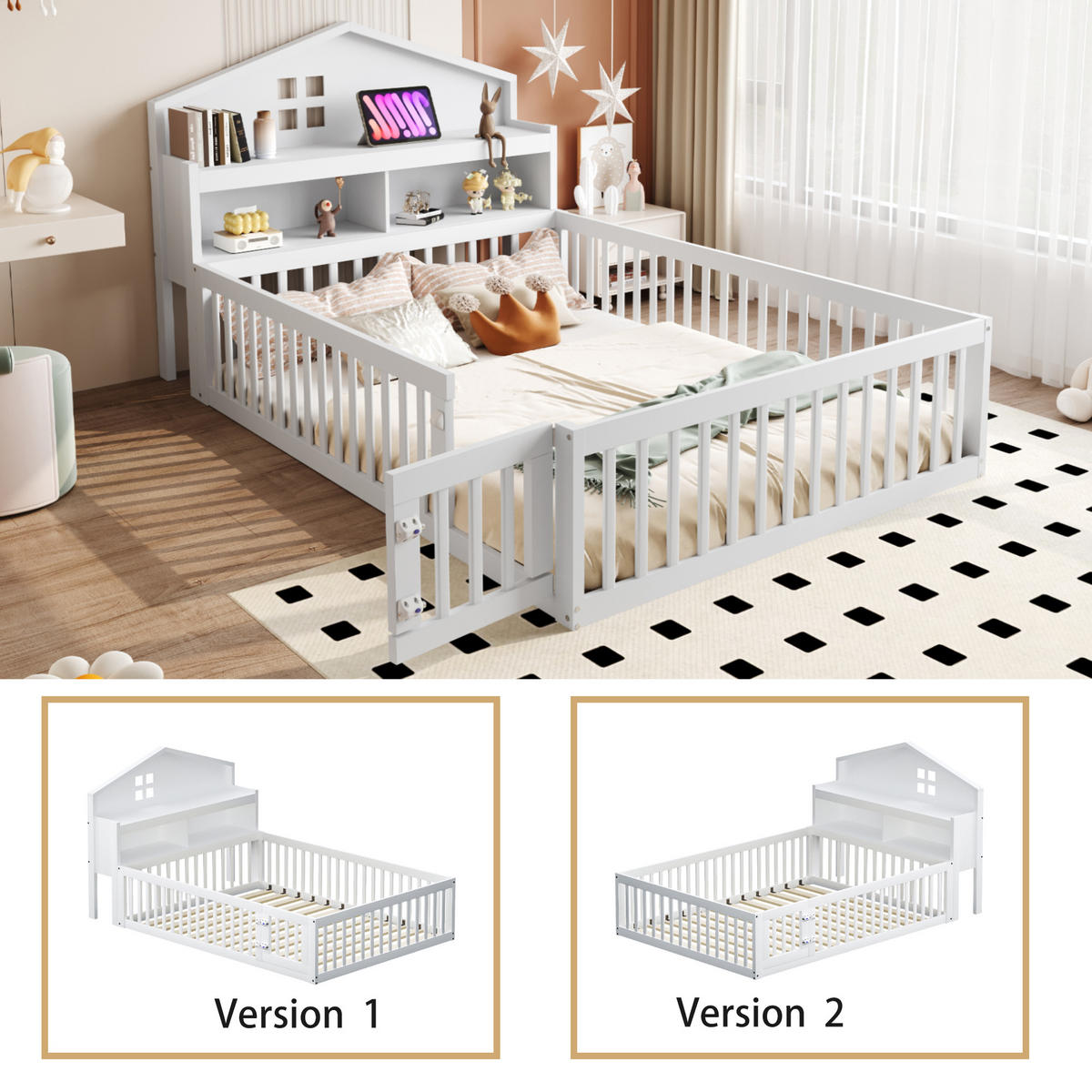 BODENBETT 140/200 cm weiß aus Massivholz mit Kreidetafel und Stauraum - Weiß, Holz (140/200cm) - OKWISH