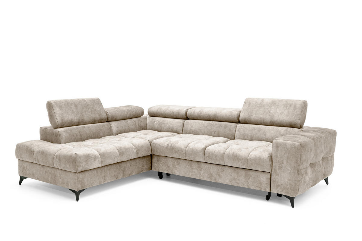 ECKSOFA PUDDING L Links mit Schlaffunktion 128x197 Velours Beige - Beige/Schwarz, Holz/Textil (270/204cm) - Muffo