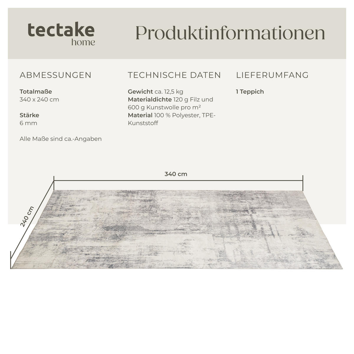 TEPPICH Vintage Design Nadira,rutschfeste Unterseite,beige/grau - Beige/Grau, Textil (240/340cm) - tectake