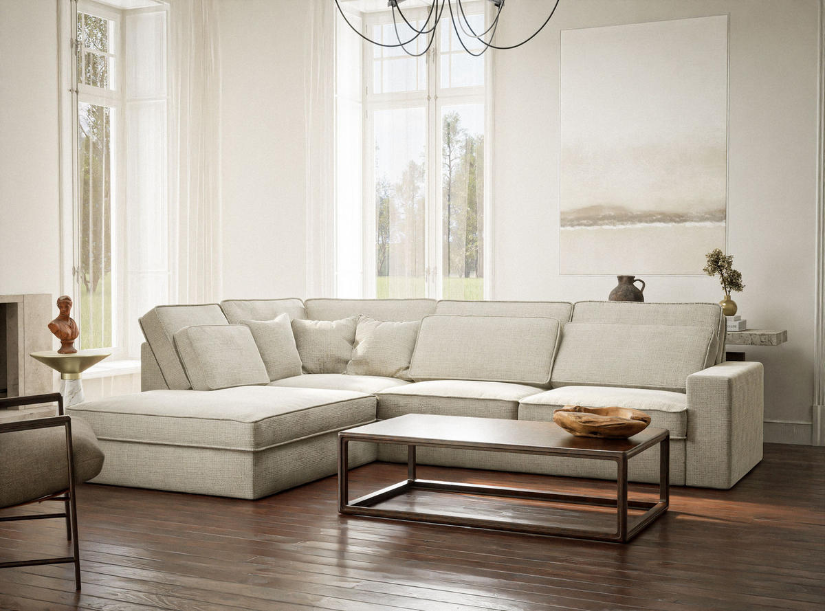 ECKSOFA Kirou Beige grau Chenille-Stoff - Links Seite - Greige/Schwarz, Holz/Holzwerkstoff (225/311cm) - Maison de Reve