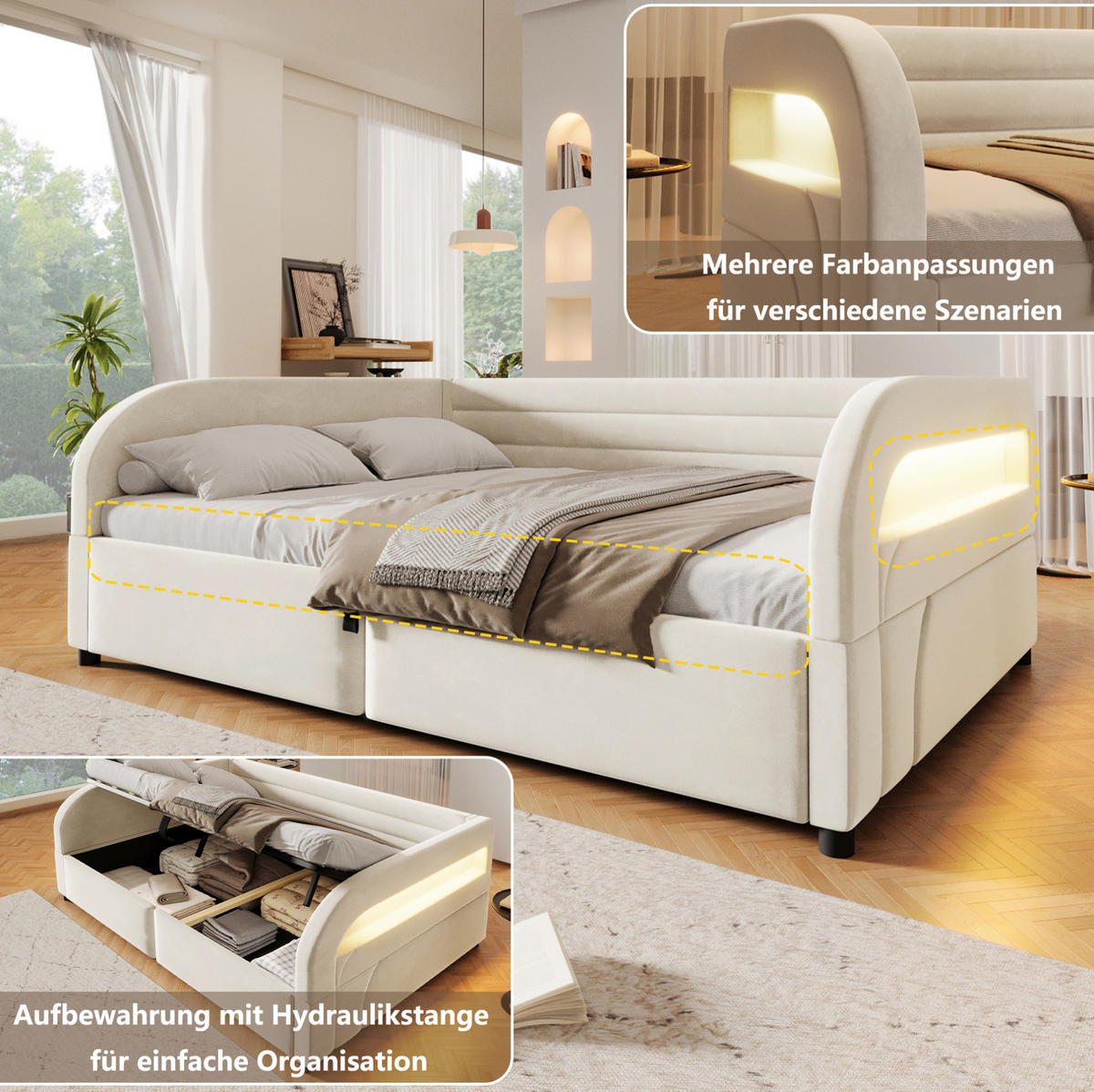 POLSTERBETT 140/200 cm Beige mit hydraulischem Stauraum und LED - Beige, Textil (140/200cm) - MIVRAY