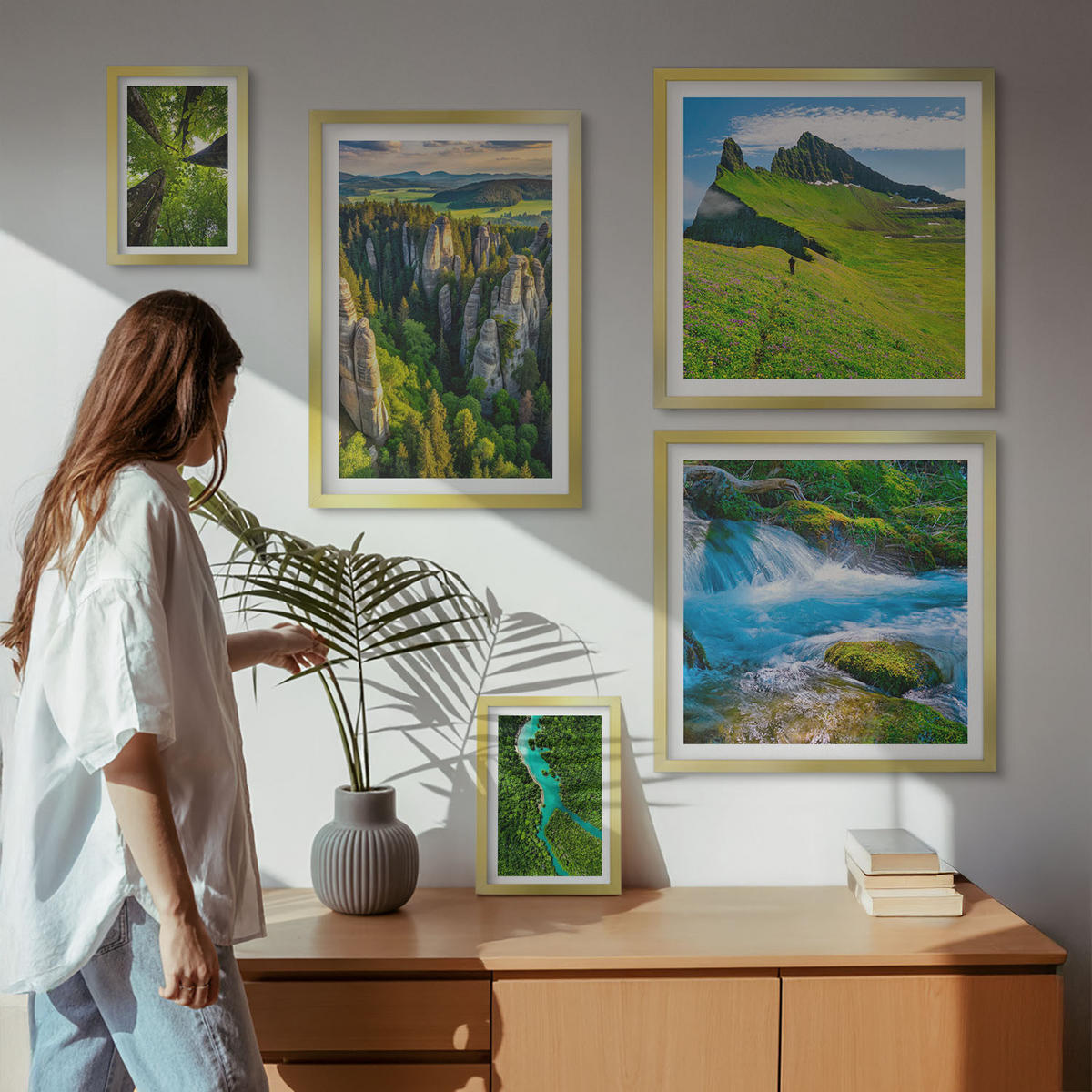 BILDER SET 5er Set - 50x50 cm & 20x30 cm & 40x60 cm Goldrahmen - Wasserfälle grüner Wald Wasser - Goldfarben, Kunststoff (40/60cm) - TULUP