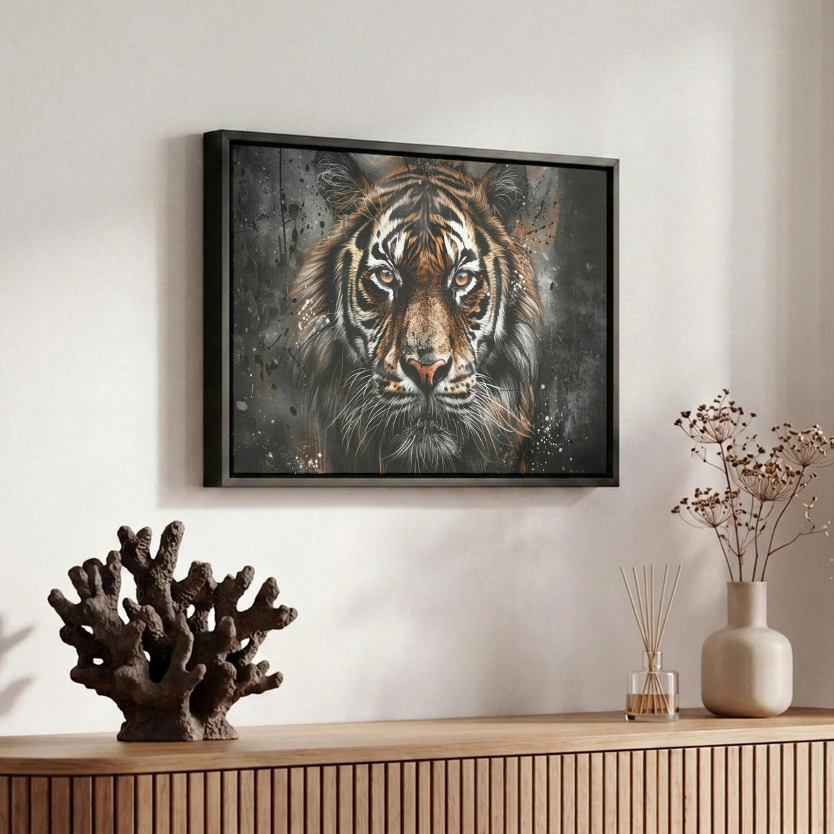 LEINWAND Bilder mit Rahmen - Tiger - Tiere - Porträt - Luxus - Schwarz - 30x20 - Braun, Textil (30/20cm) - MuchoWow