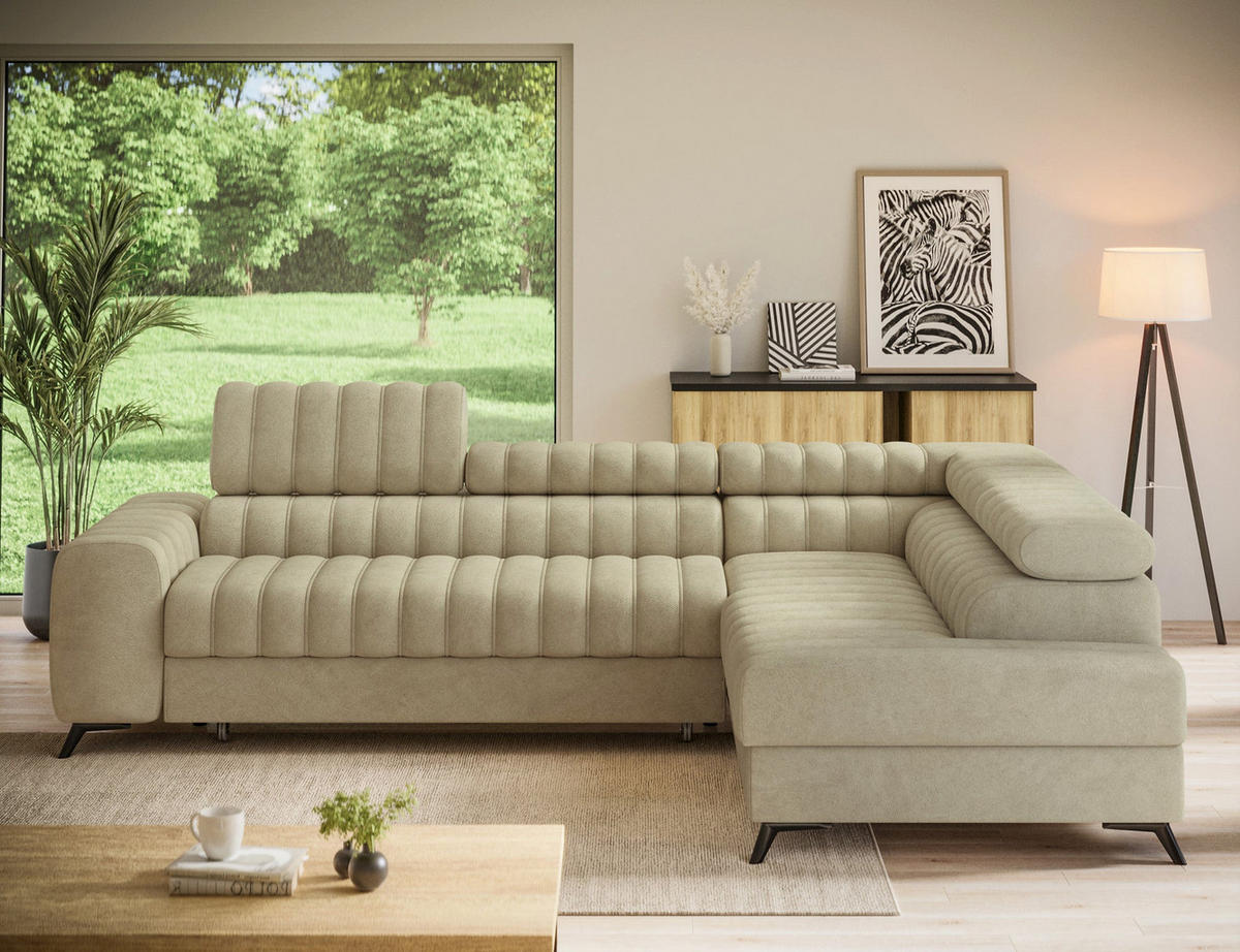 KANEDO Ecksofa mit Schlaffunktion und Bettkasten – Modernes Designsofa, verstellbare Kopfstützen, Metallfüße - Beige, Kunststoff (269/86cm) - Wohnideebilder