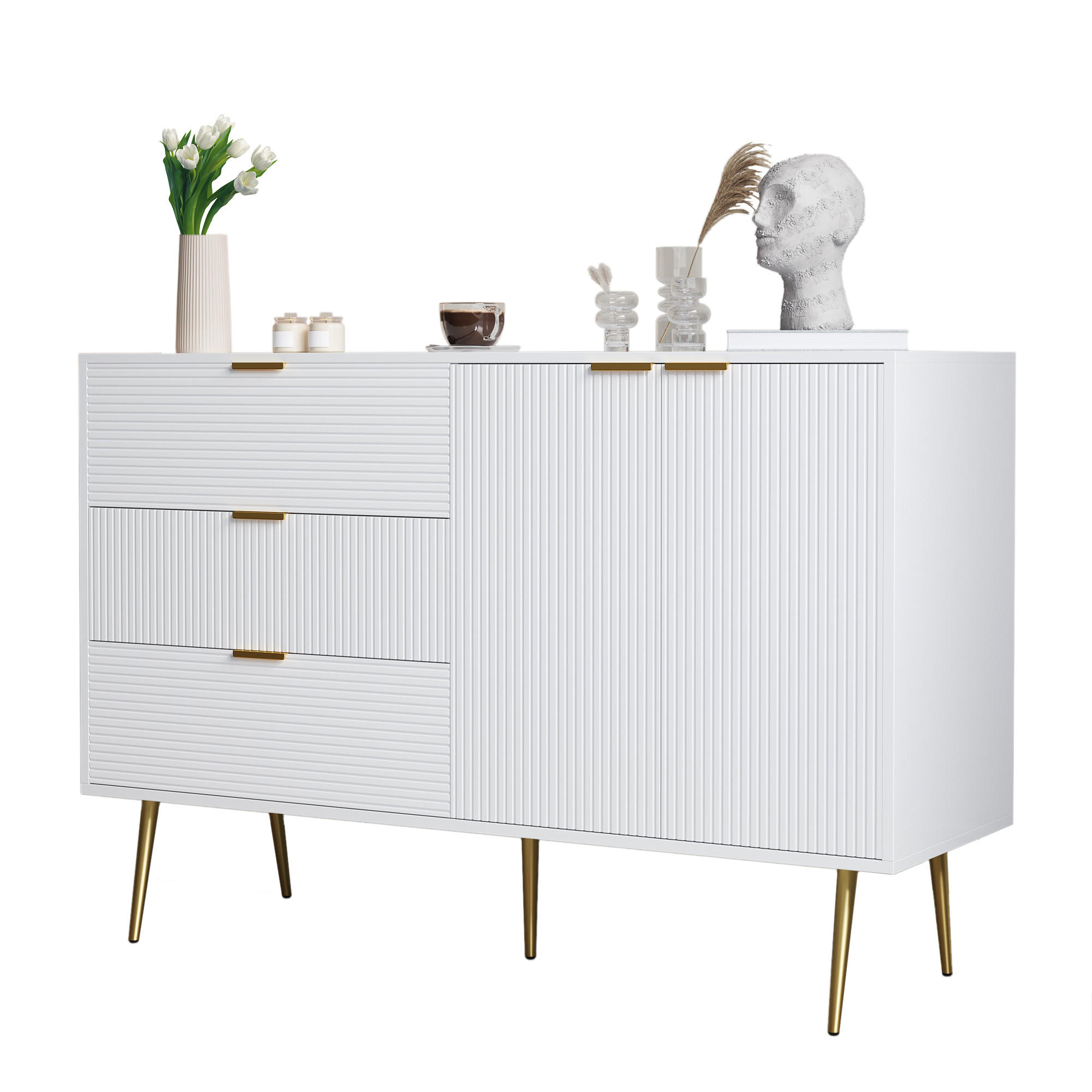 SIDEBOARD in Weiß-Gold mit 3 Schubladen und 2 Türen, MDF-Korpus, Wellenmuster, elegante goldene Griffe und Beine, 120/38/80,5 cm, Weiß-Gold - Weiß, Holzwerkstoff (120/80.5/38cm) - Redom