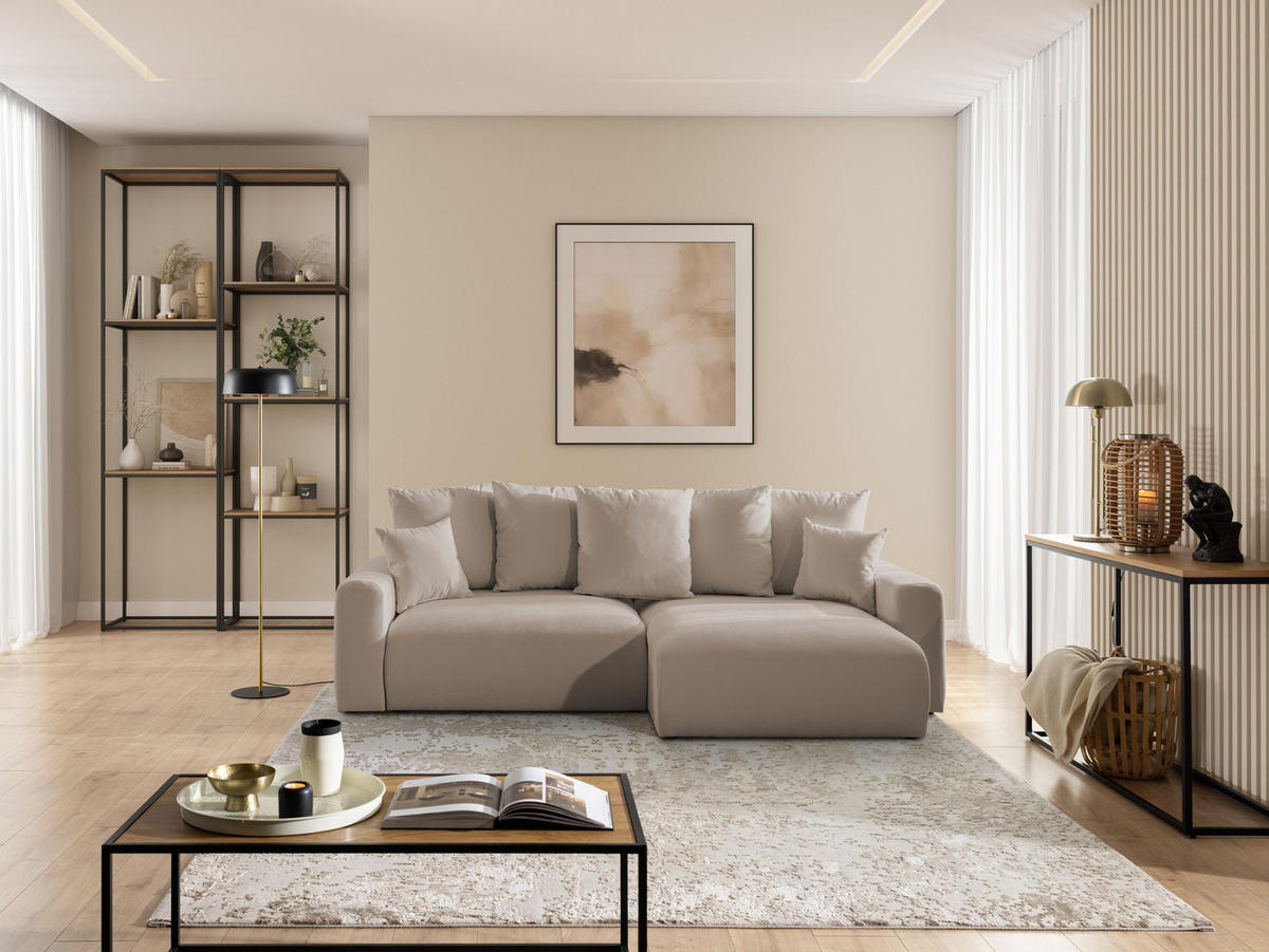 ECKSOFA Calma mit Schlaffunktion und Bettkasten im Bumpy-Design aus weichem Greige Webstoff - Ottomane rechts - Greige/Schwarz, Holz/Kunststoff (140/239cm) - S-Style