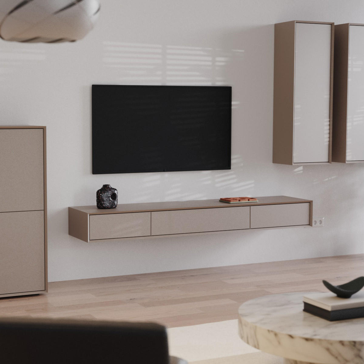 TV-MÖBEL mit 2 Abattants 43/200/22 cm - Sandfarben, Holzwerkstoff (43/22/200cm) - Calicosy