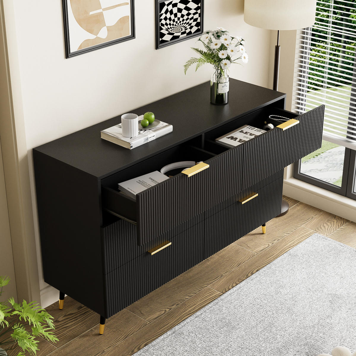 KOMMODE aus Spanplatte 120x77x40cm in Schwarz mit 6 Schubladen - Schwarz, Holzwerkstoff (120/77/40cm) - Modfu