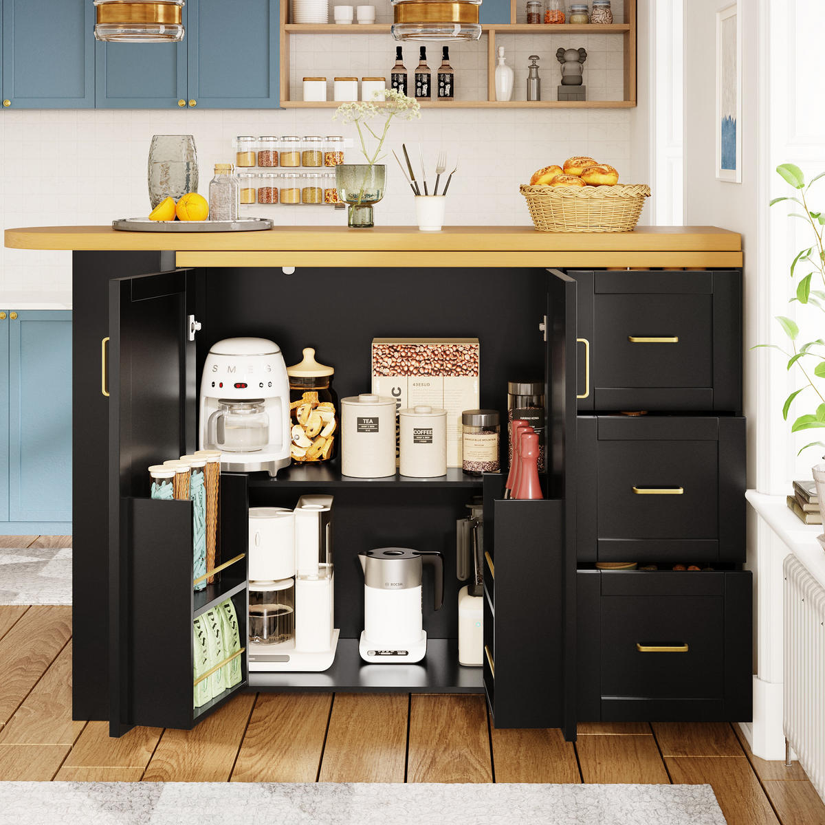 BARTISCH ausziehbar mit Stauraum & 5 Rollen, 135-228/39/104 cm, Schwarz - Schwarz, Holzwerkstoff (39/104/135cm) - Redom