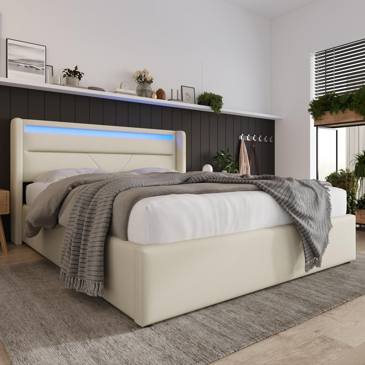 POLSTERBETT 160/200 cm Weiß Hydraulisch mit LED-Beleuchtung Mit Matratze - Weiß, Kunststoff (160/200cm) - OKWISH