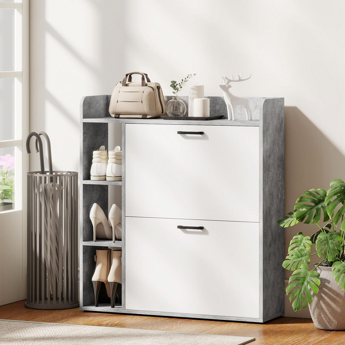 SCHUHSCHRANK Weiß und Grau Spanplatte mit Klappfächern platzsparend 1 Stück - Grau, Holzwerkstoff (83/90.5/24cm) - PANGIVO