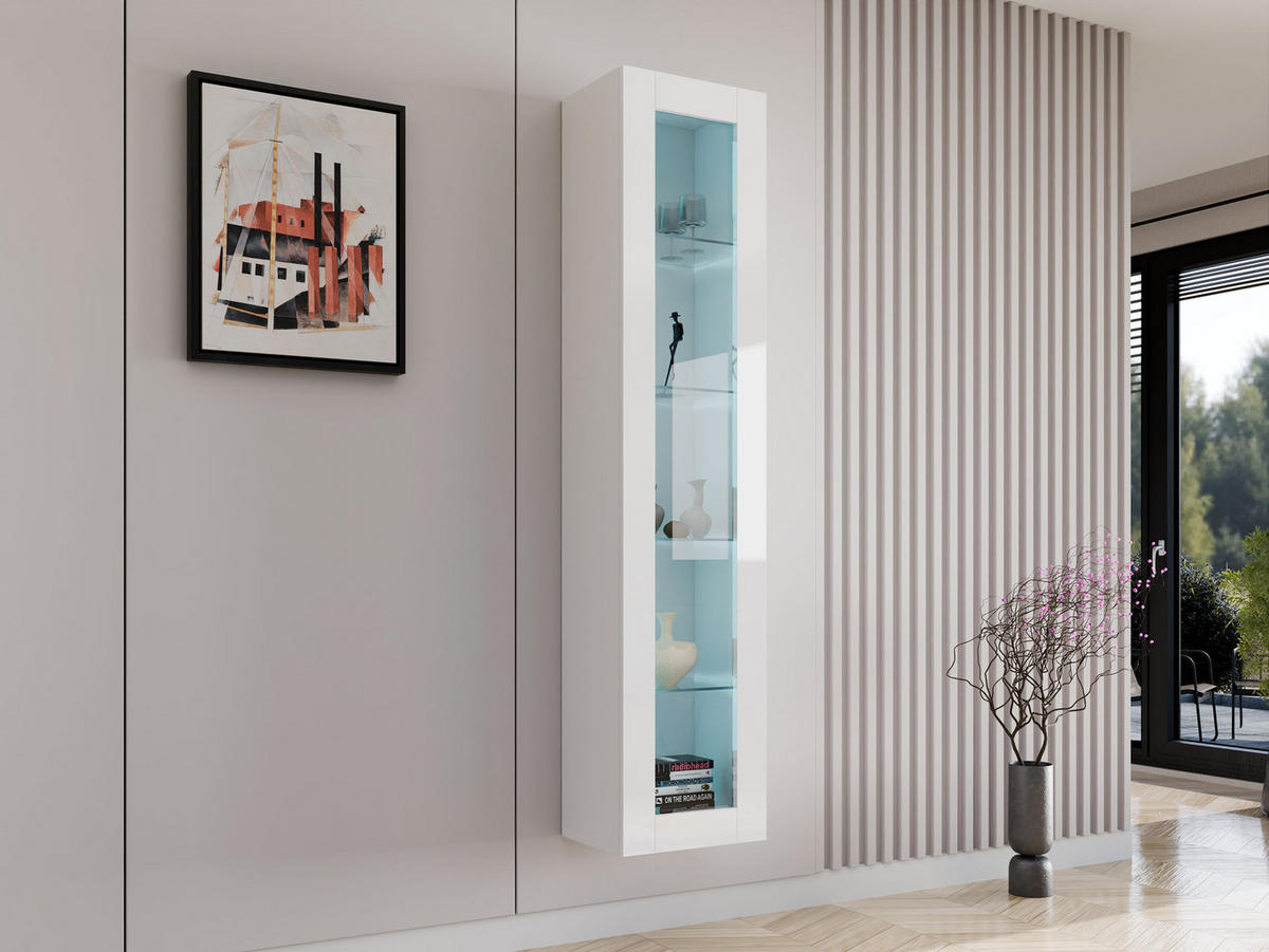 HÄNGEVITRINE 180 Vigo Glas mit blauer LED Beleuchtung - Weiß Hochglanz/Weiß, Holzwerkstoff (40/180/30cm) - MIRJAN24