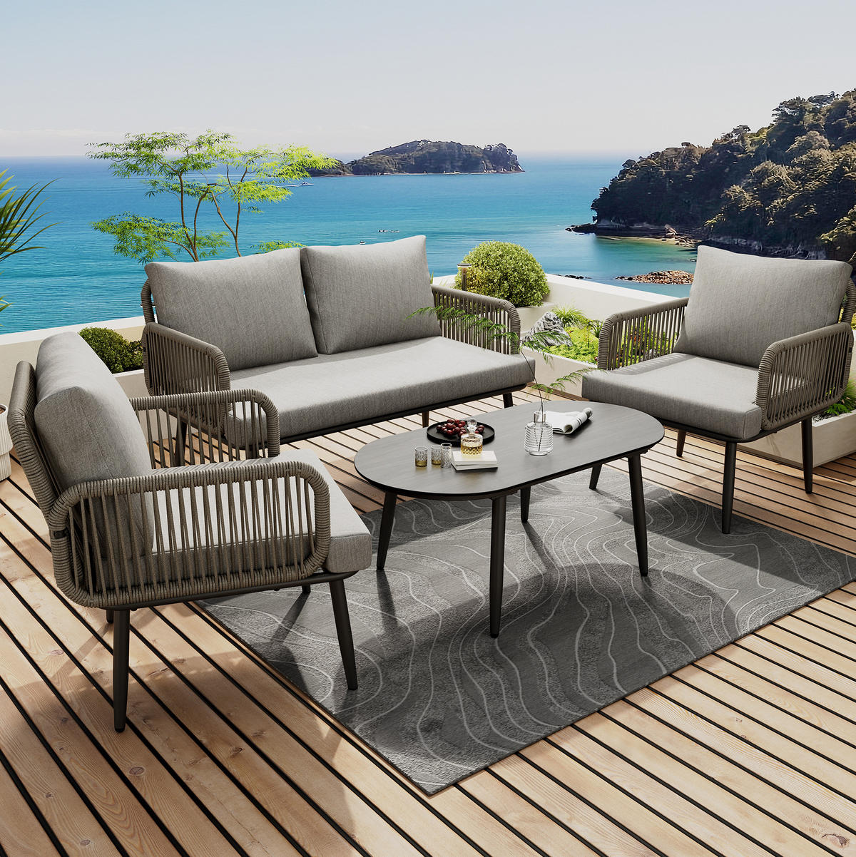 ZAHRADNÍ lounge set z galvanizované oceli 120x64x74 cm šedý s ručně pleteným výpletem - šedá, textil - Modfu