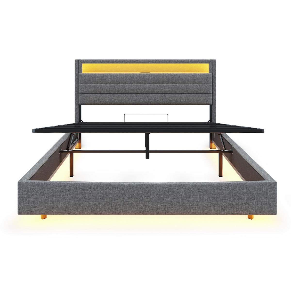 ČALÚNENÁ posteľ z látky 140x200 cm sivá s USB, LED osvetlením a hydraulickým úložným priestorom - sivá, textil (140/200cm) - Modfu