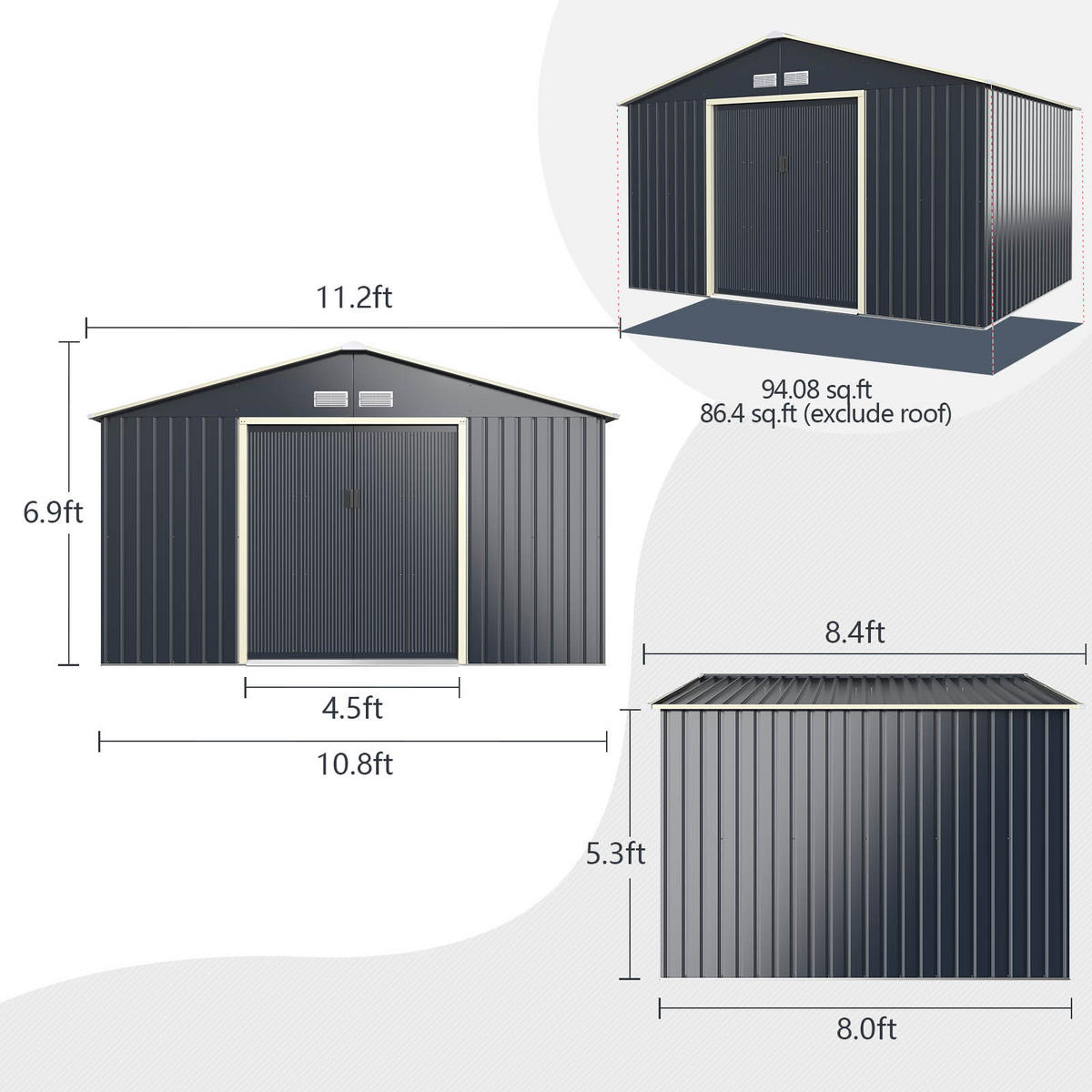 GERÄTESCHUPPEN Grau(4-teilig) - Grau, Metall (255/210/340cm) - COSTWAY