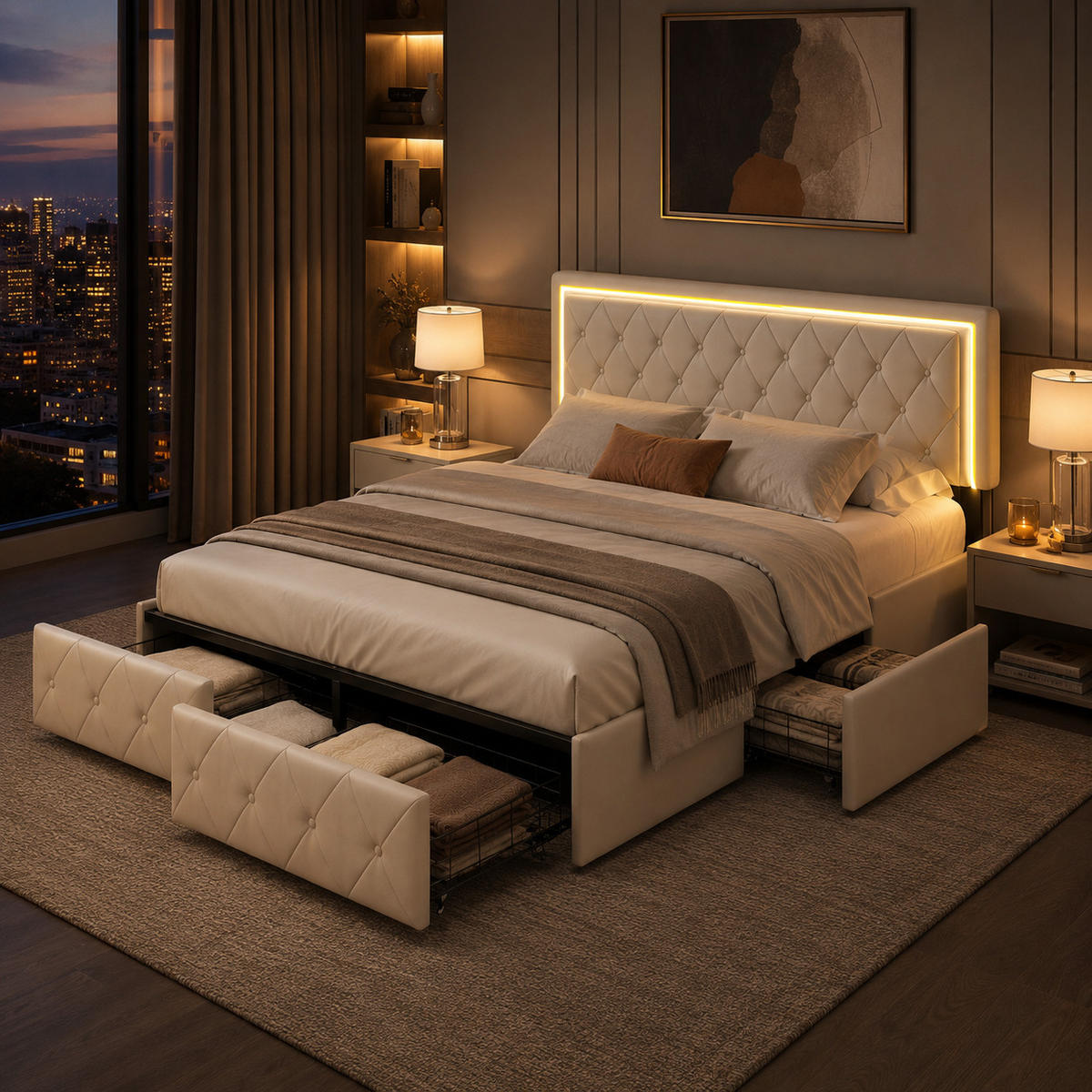 POLSTERBETT 140/200 cm Beige mit LED-Kopfteil, 4 Schubladen und Stauraum, Doppelbett gepolstert - Beige, Holz/Metall (140/200cm) - Joyfair
