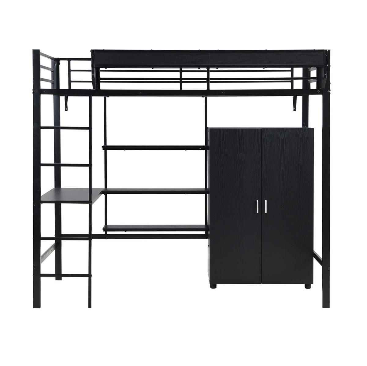 ETAGENBETT aus Metall und Spanplatte 90x200 cm Schwarz mit Tisch, Kleiderschrank und 5-stufiger Leiter - Weiß, Metall (90/200cm) - Modfu