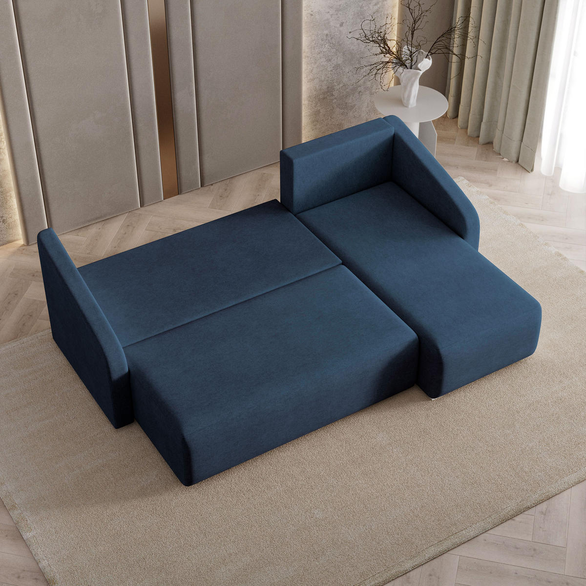 ECKSOFA MARELLO Blau Geflochtener Stoff mit Schlaffunktion - Blau, Holz (220/143cm) - MASSENO