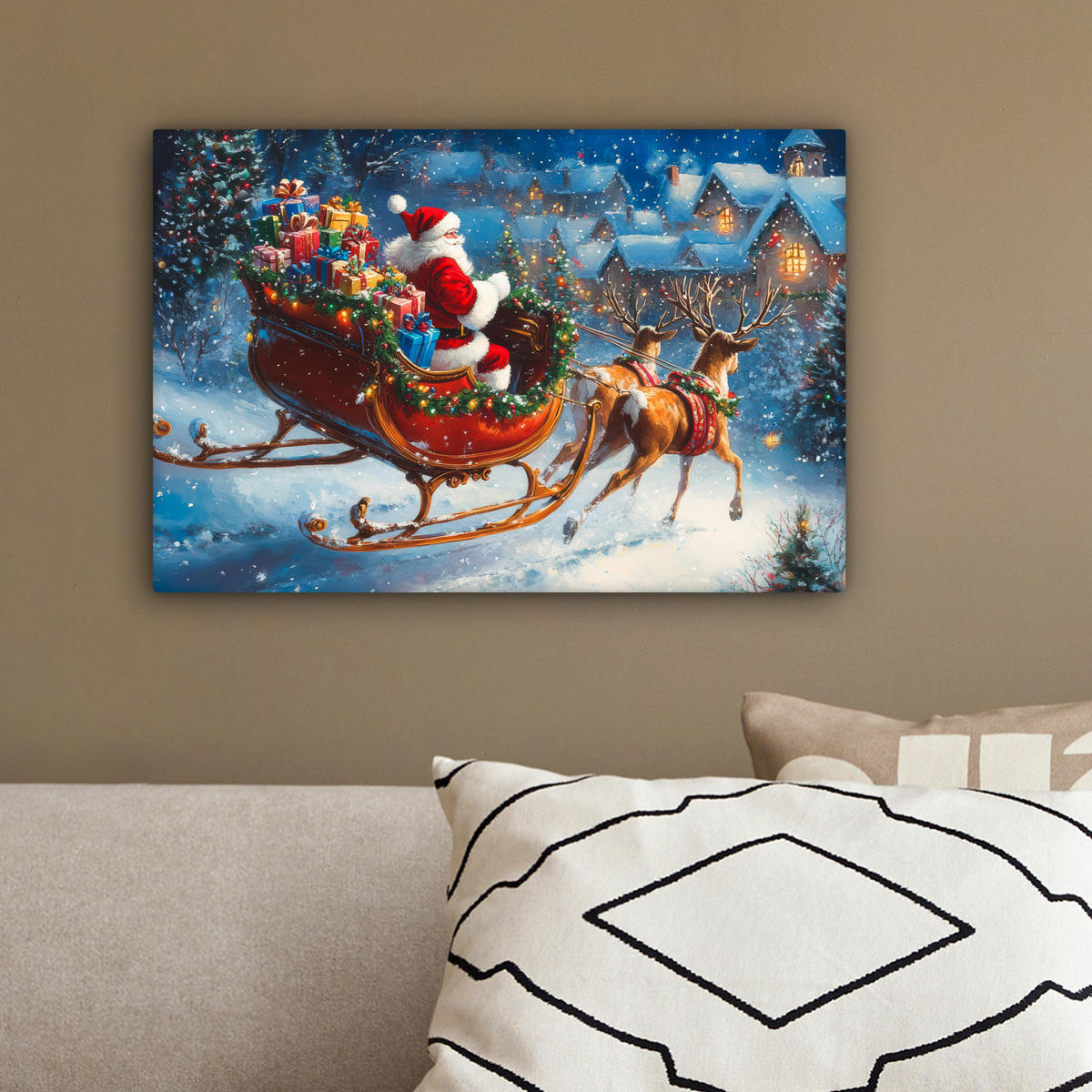 LEINWANDBILD Weihnachtsmann - Rentier - Weihnachten - Schnee 30x20 cm - Cognac, Textil (30/20cm) - MuchoWow