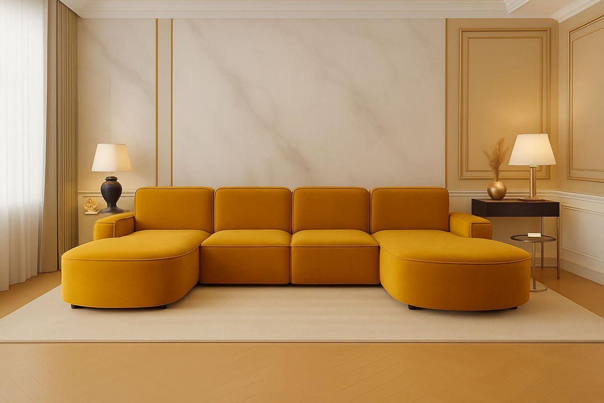 ECKSOFA Cursal Round U-Form, Stoff Salvador, Gelb - Gelb, Holz (364/166cm) - Kaiser Möbel