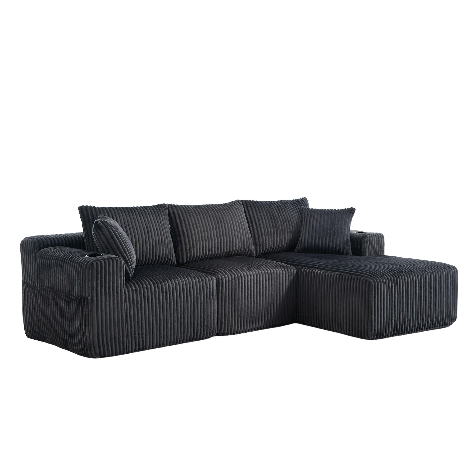 MODULARES Sofa Cord Chaiselongue und 2-Sitzer mit Kissen Taschen und Getränkehaltern 257/90 160/62 cm Grau - Grau, Textil (160/257cm) - Redom