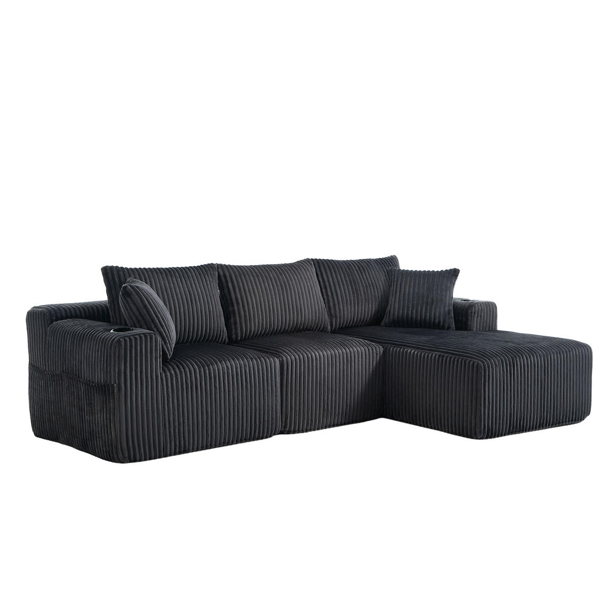 MODULARES Sofa Cord Chaiselongue und 2-Sitzer mit Kissen Taschen und Getränkehaltern 257/90 160/62 cm Grau - Grau, Textil (160/257cm) - Redom