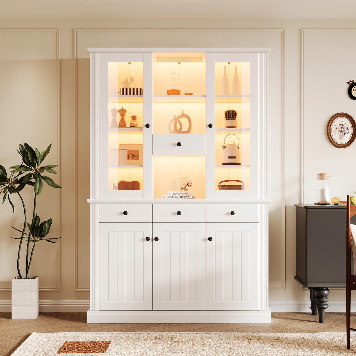 VITRINE 119,5x40x180 cm Weiß mit LED und 4 Schubladen - Weiß, Holzwerkstoff (119.5/180/40cm) - FLIEKS