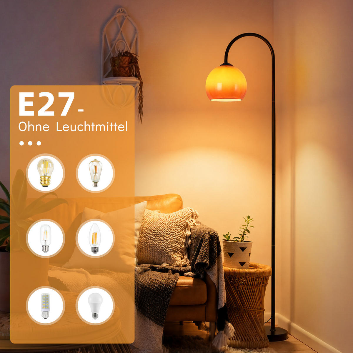 STEHLAMPE Quorlis 36/25/160 cm - Schwarz/Orange, Glas/Metall (36/25/160cm) - ZMH
