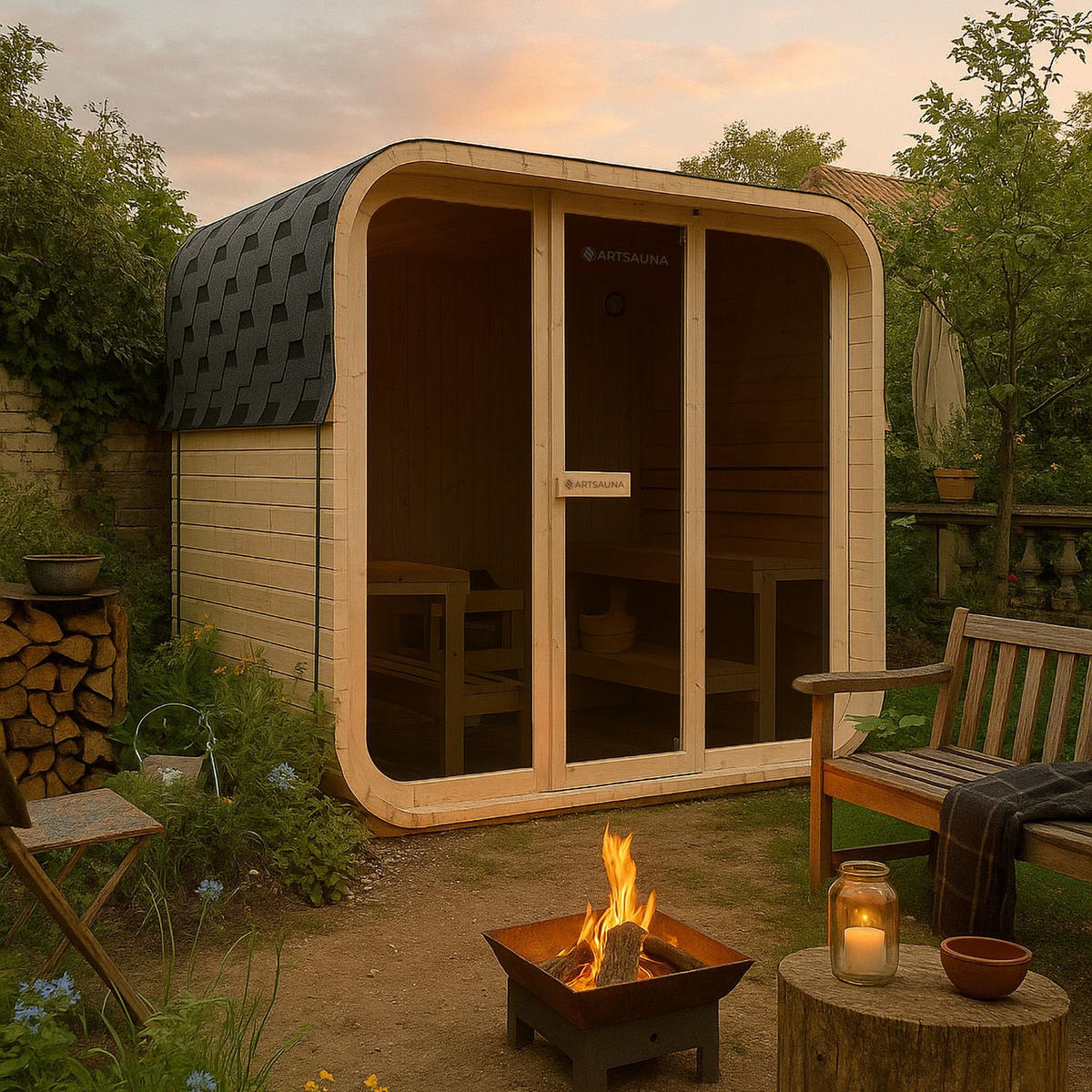 FASSSAUNA Fjora mit 9 kW Saunaofen (6 Personen) - Naturfarben, Holz (228/225/180cm) - Artsauna