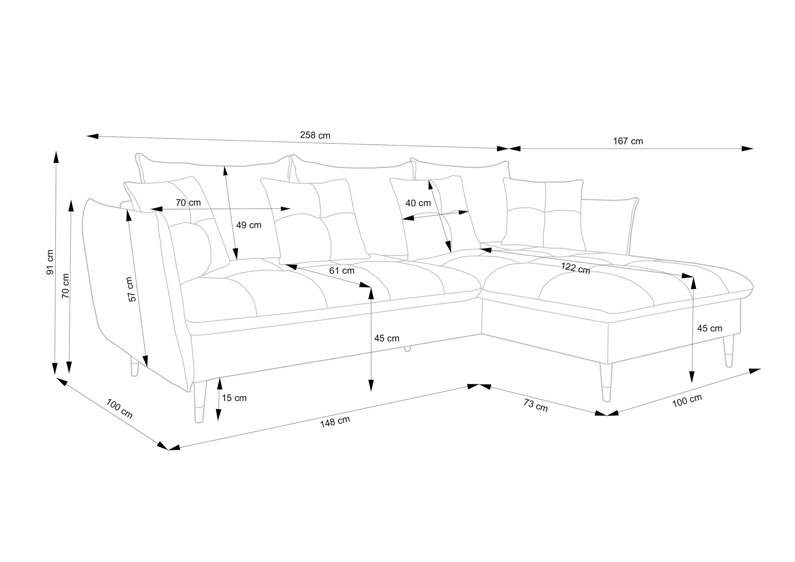 ECKSOFA GLAM mit Schlaffunktion, Ottomane & goldenen Füßen – Samtsofa im Glamour-Stil mit Zierkissen, 258x167x91 cm, rechte, hellgrau​ - Hellgrau, Holz/Textil (258/167cm) - DomoHome